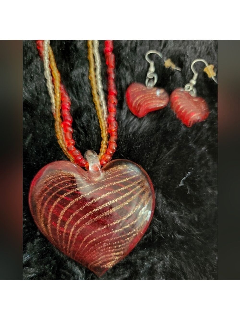 NWOT Pier One Imports Glass Heart Swirl Necklace & Matching Earrings